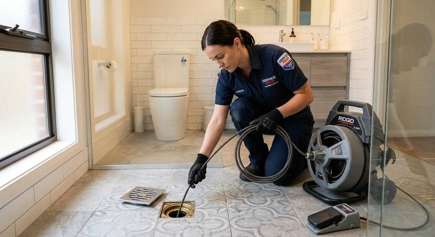 Technician clearing a bathroom floor drain for Drain Repair in Bedford